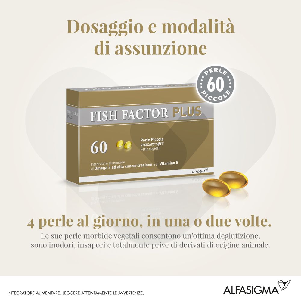 Confezione di Fish Factor Plus, 60 Perle Piccole. Accanto 3 capsule. Testo: 4 perle al giorno.