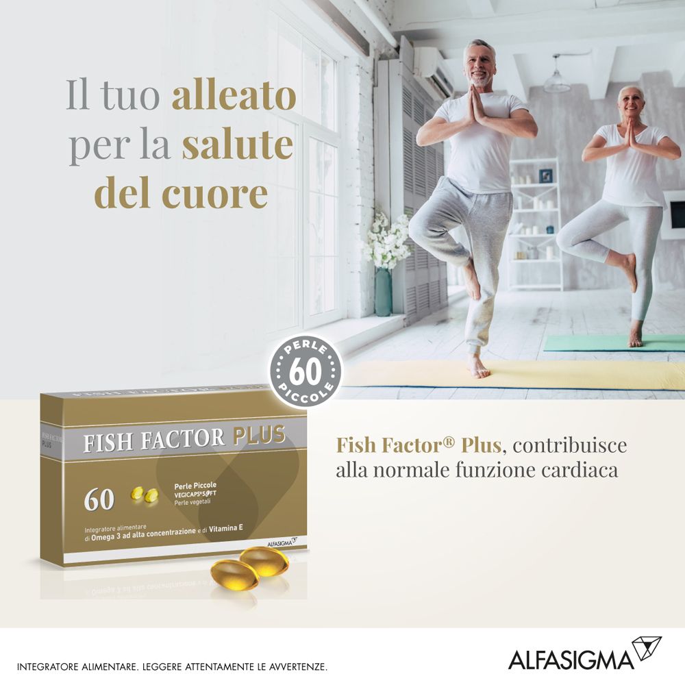 Confezione di Fish Factor Plus, 60 Perle Piccole. Accanto 3 capsule. Due persone fanno yoga. Marchio: Alfasiigma.