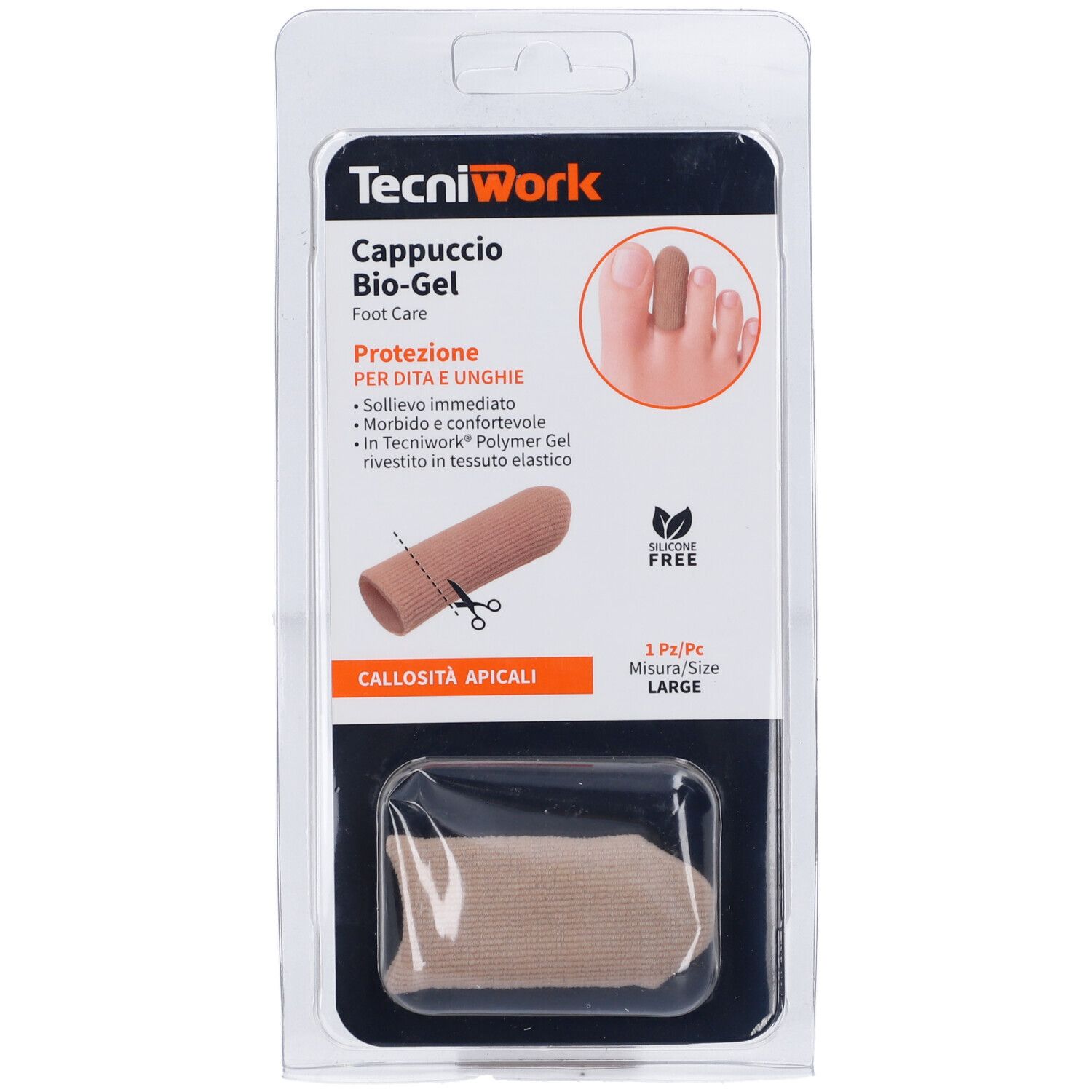 Tecniwork Biogel-Zehenschutzkappe, Größe L, in Verpackung. Zeigt Produkt und Fuß. Mit Text: Cappuccio Bio-Gel, Schutz für Zehen und Nägel.