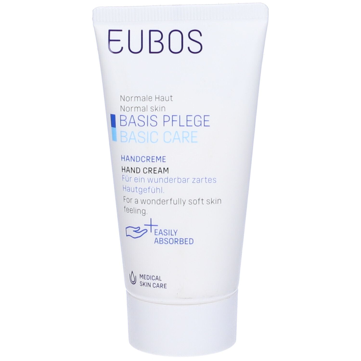 Tubo bianco con testo blu e nero. Scritta: Eubos, Basic Care, Hand Cream. Contiene testo in inglese e tedesco.