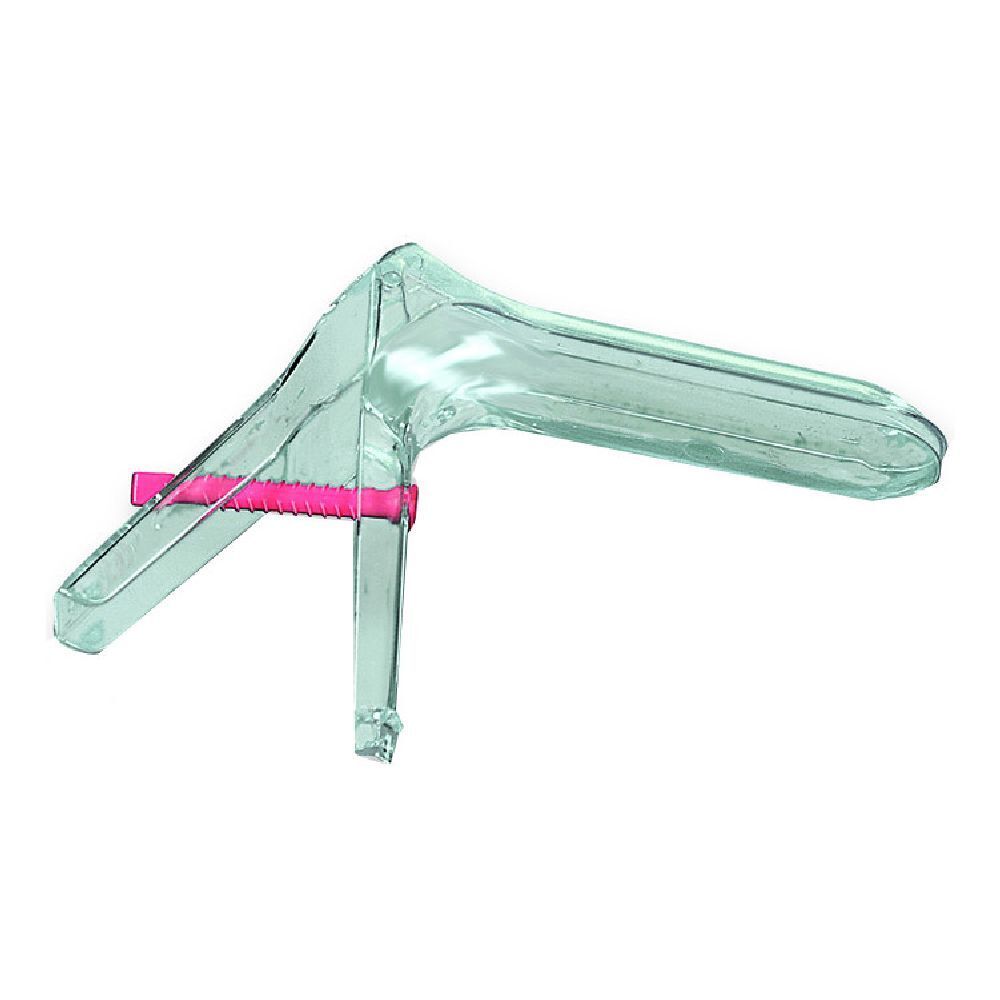 Speculum vaginale in plastica trasparente, chiusura rosa. Aperto, con manico. Dispositivo medico.