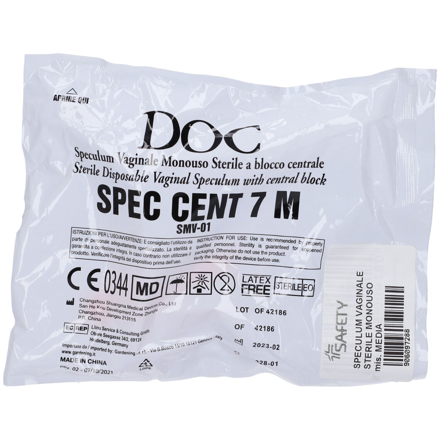 Confezione con 'DOC' e 'SPEC CENT 7 M'. Speculum vaginale sterile monouso. Marchio CE.