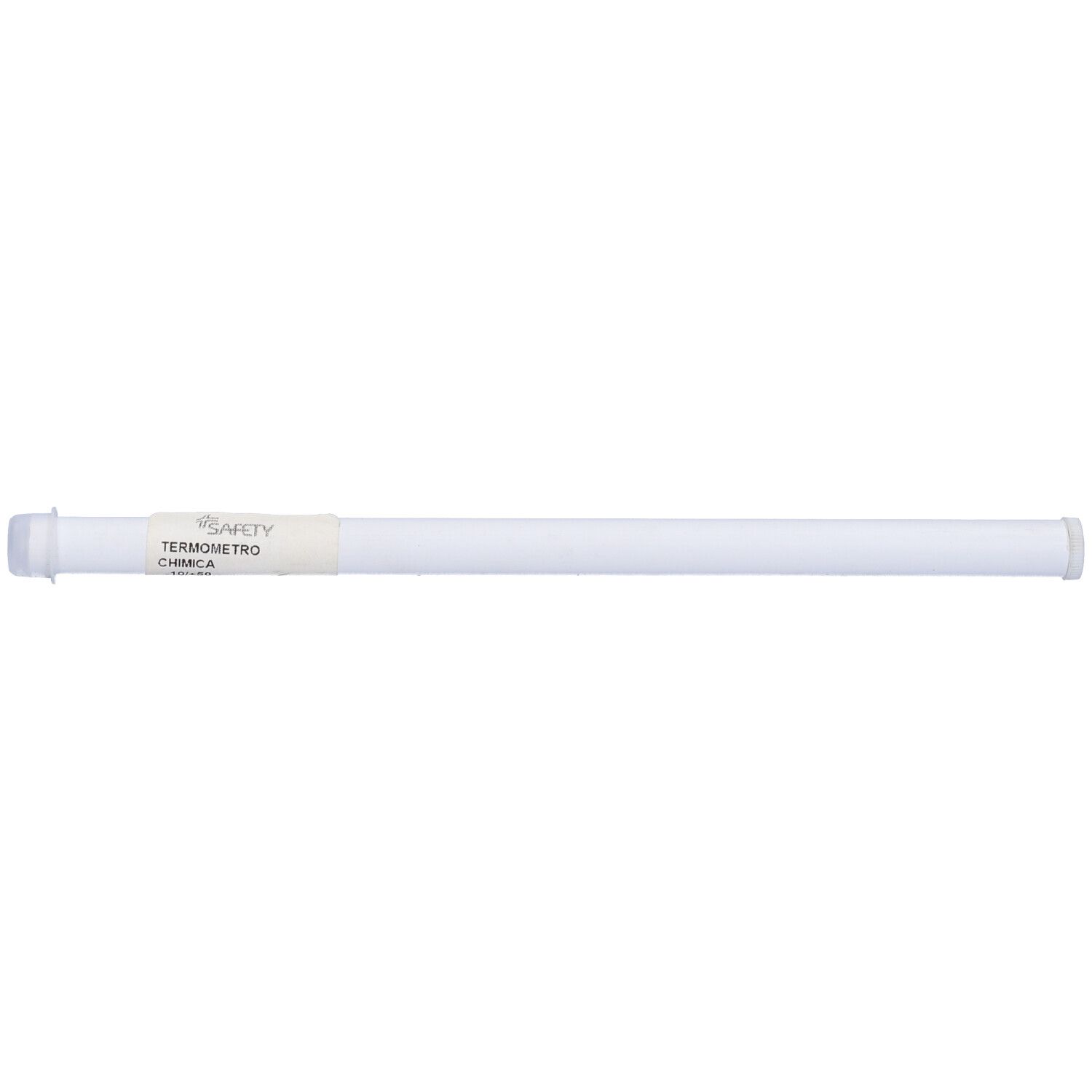 Termometro lungo bianco con etichetta. Scritto: Termometro Chimico. Estremità con tappi.