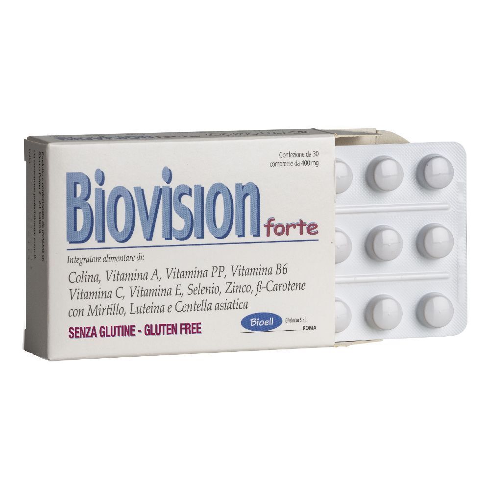 Confezione di compresse "Biovision forte". Contiene vitamine e minerali. "SENZA GLUTINE - GLUTEN FREE". Compresse in blister.
