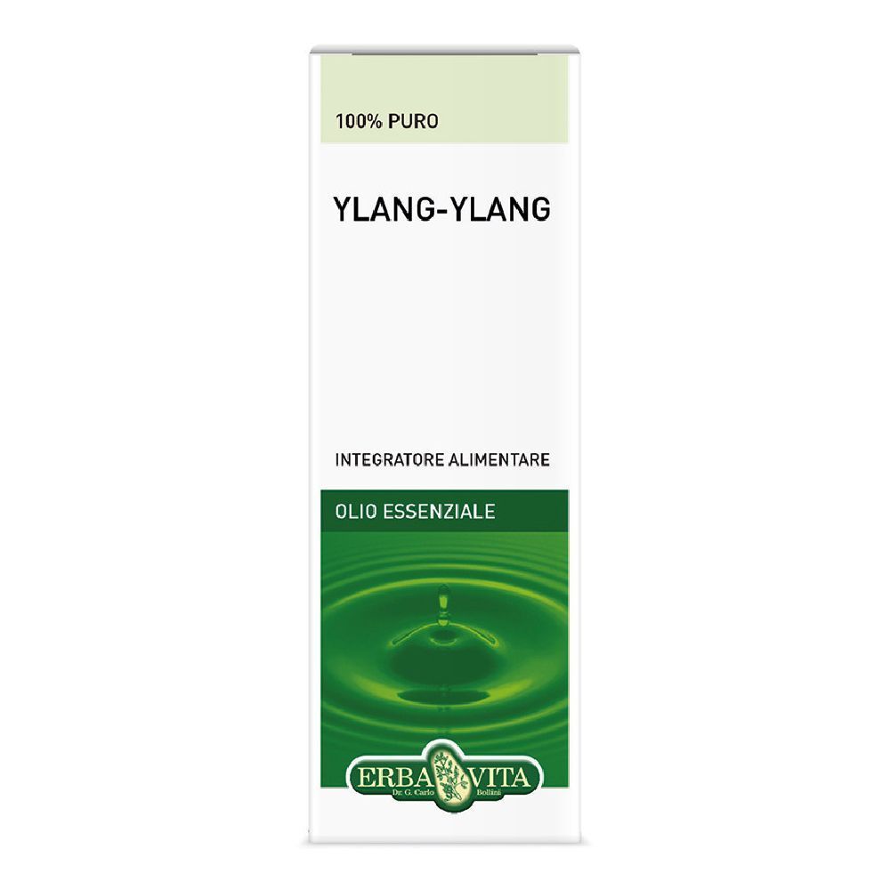 Confezione di Ylang-Ylang Olio Essenziale. Sfondo bianco, testo verde e bianco. Marchio Erba Vita.