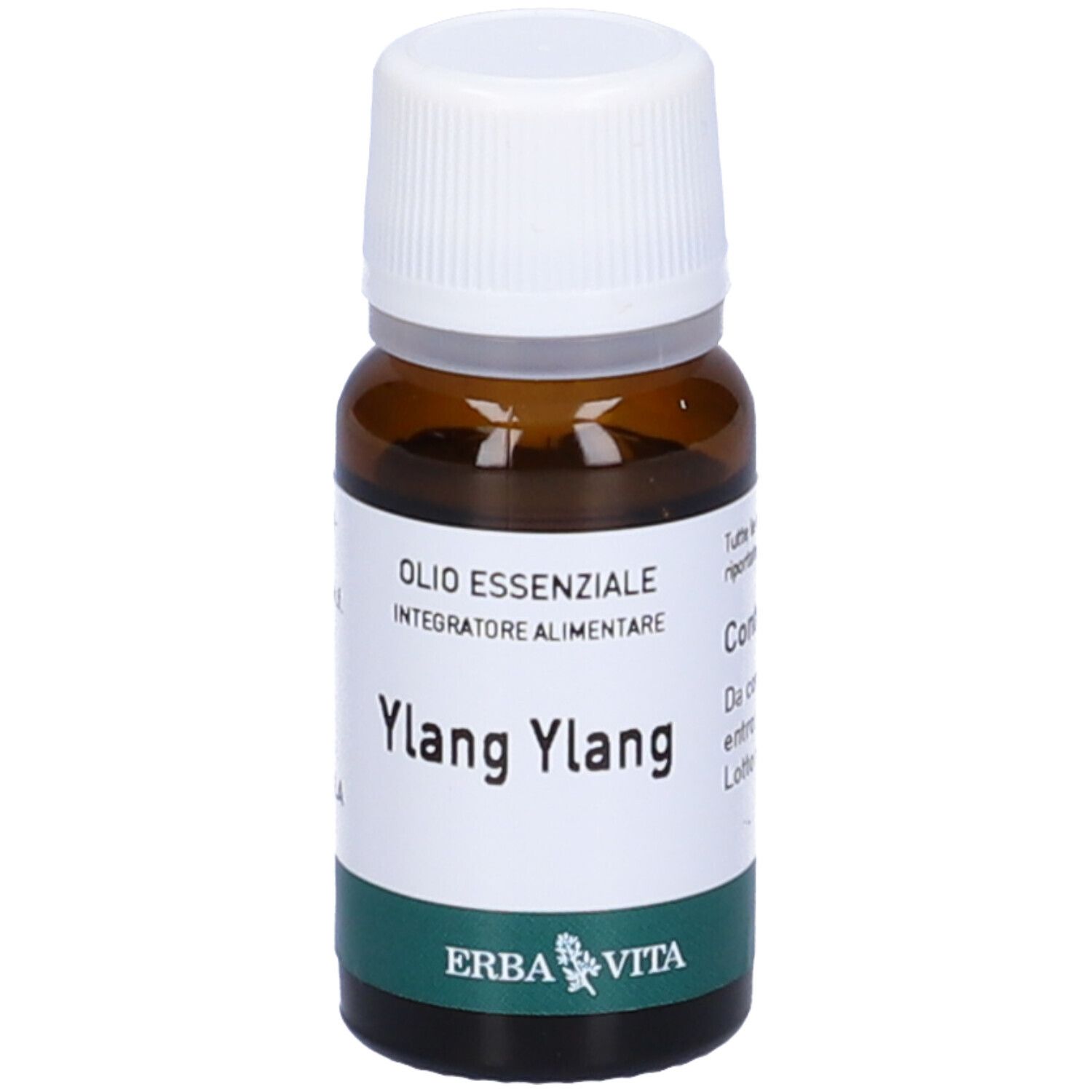 Flacone di vetro marrone con tappo bianco. Etichetta con testo: Ylang Ylang, Olio Essenziale, Integratore Alimentare. Marchio Erba Vita.