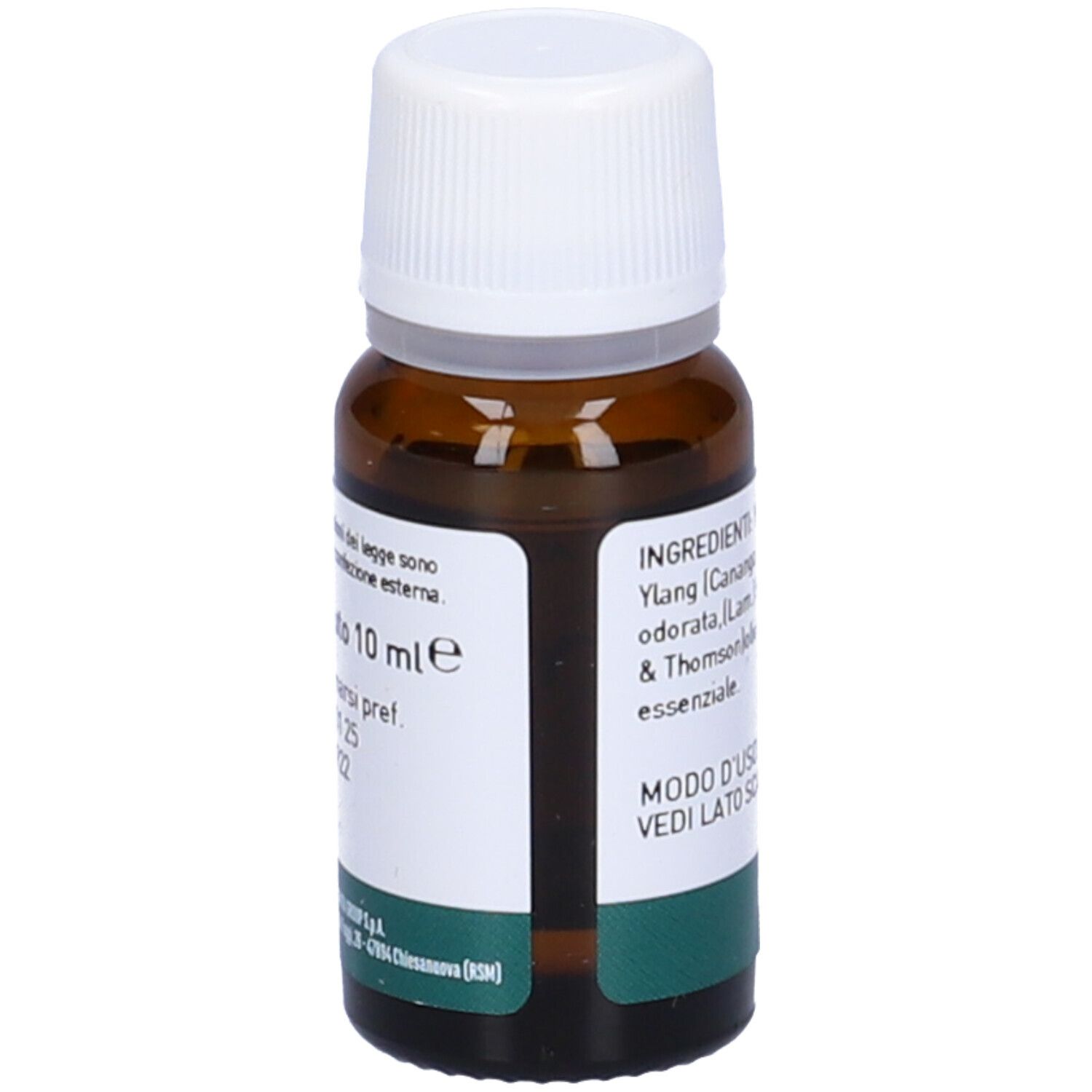 Flacone di vetro marrone con tappo bianco. Etichetta con informazioni: 10 ml, data di scadenza. Marchio Erba Vita.