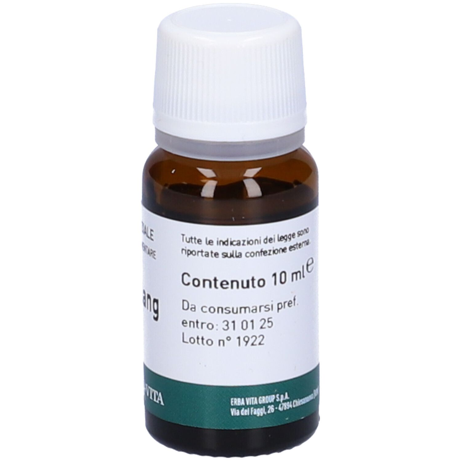 Flacone di vetro marrone con tappo bianco. Etichetta con testo: Contenuto 10 ml, data di scadenza. Marchio Erba Vita.