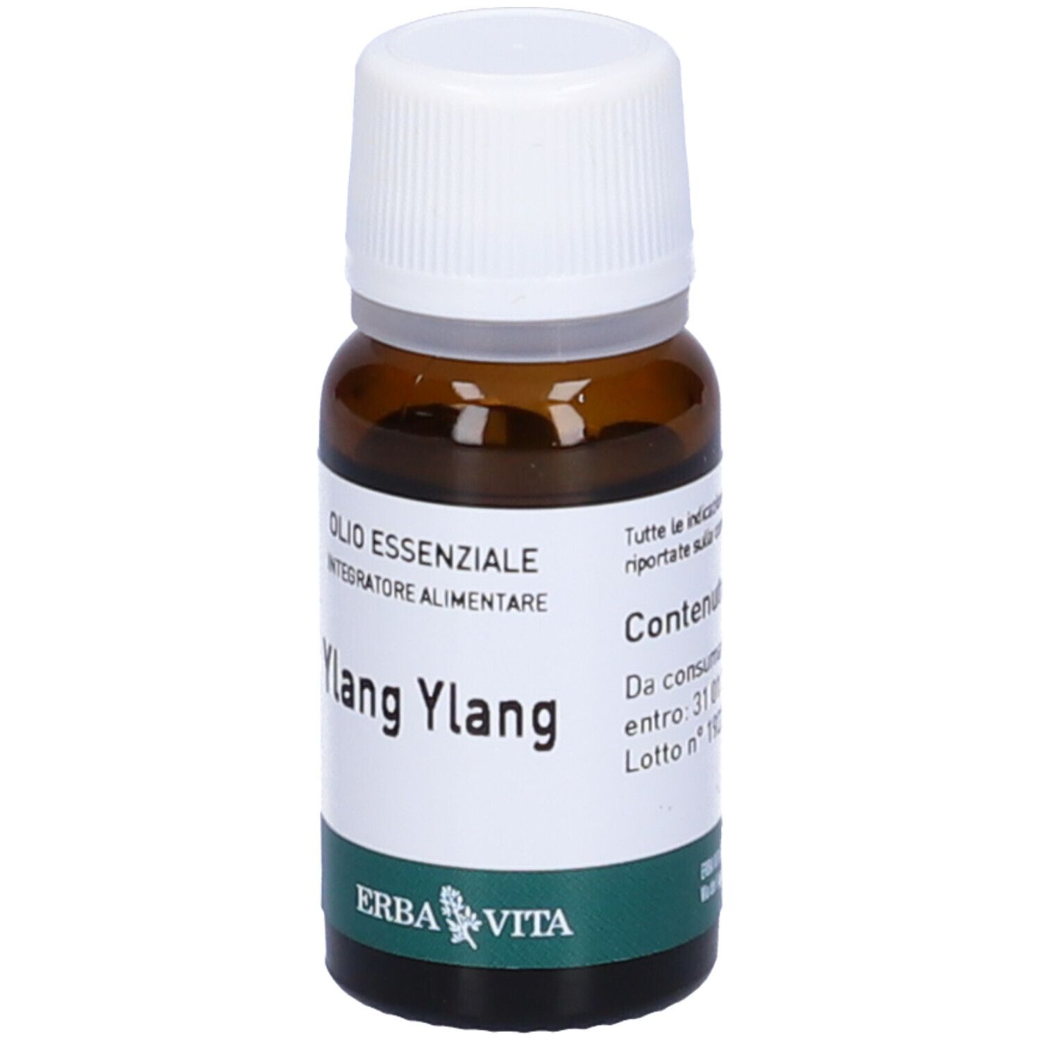 Flacone di vetro marrone con tappo bianco. Etichetta con testo: Ylang Ylang, Olio Essenziale, Integratore Alimentare. Marchio Erba Vita.