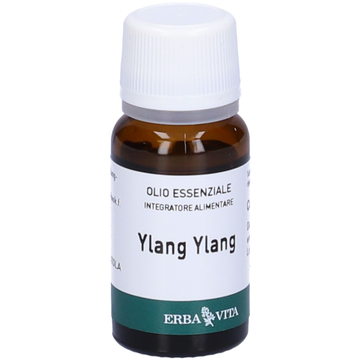 Flacone di vetro marrone con tappo bianco. Etichetta con testo: Ylang Ylang, Olio Essenziale, Integratore Alimentare. Marchio Erba Vita.