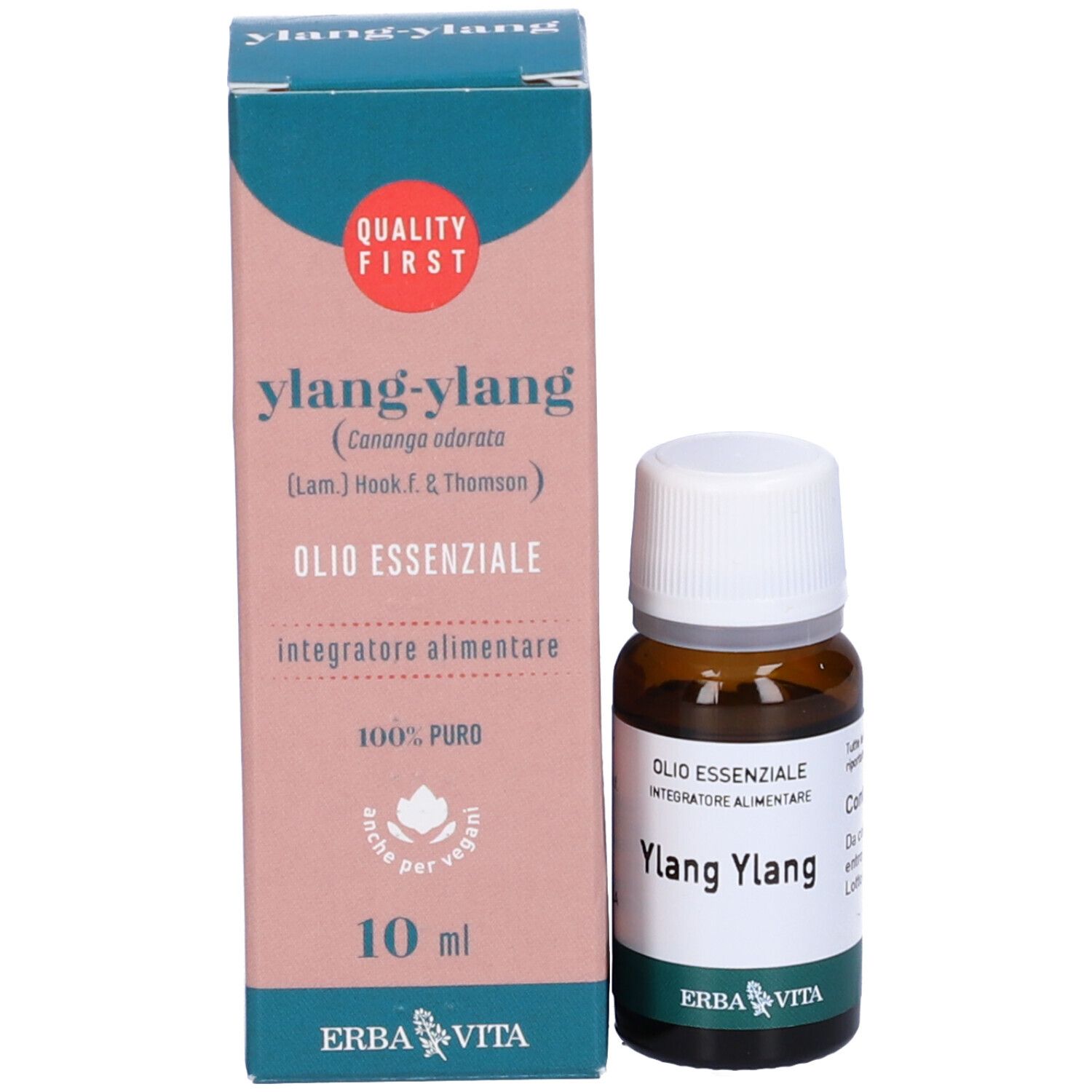 Flacone e confezione di Ylang-Ylang Olio Essenziale. Confezione con testo e logo. Marchio Erba Vita.