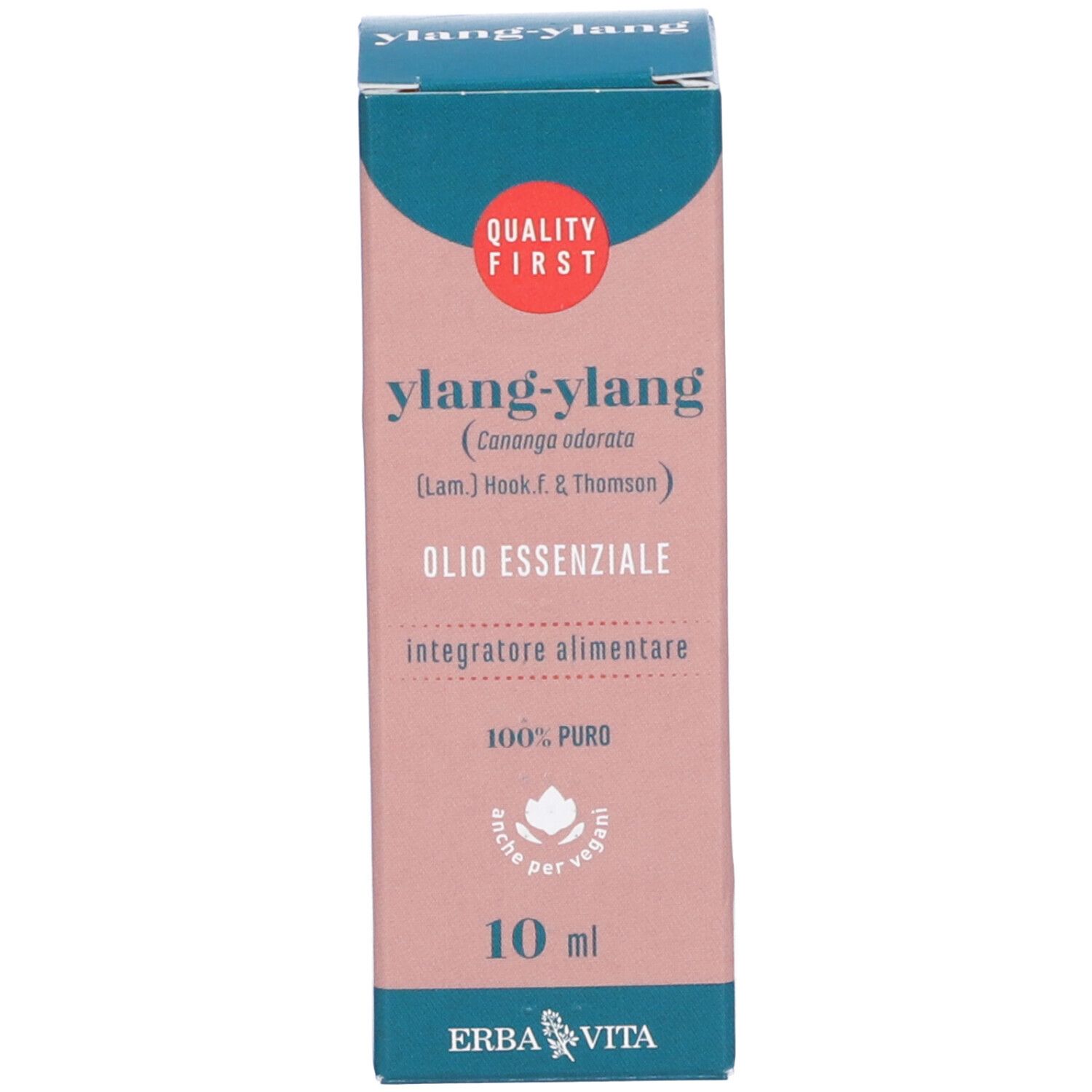 Flacone e confezione di Ylang-Ylang Olio Essenziale. Confezione con testo e logo. Marchio Erba Vita.