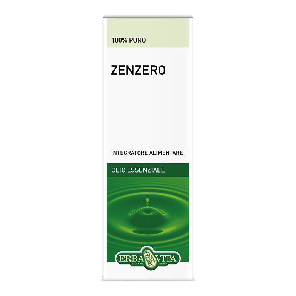 Confezione Zenzero. Scatola bianca con dettagli verdi e bianchi. Testo: Zenzero, Olio Essenziale, logo Erba Vita.
