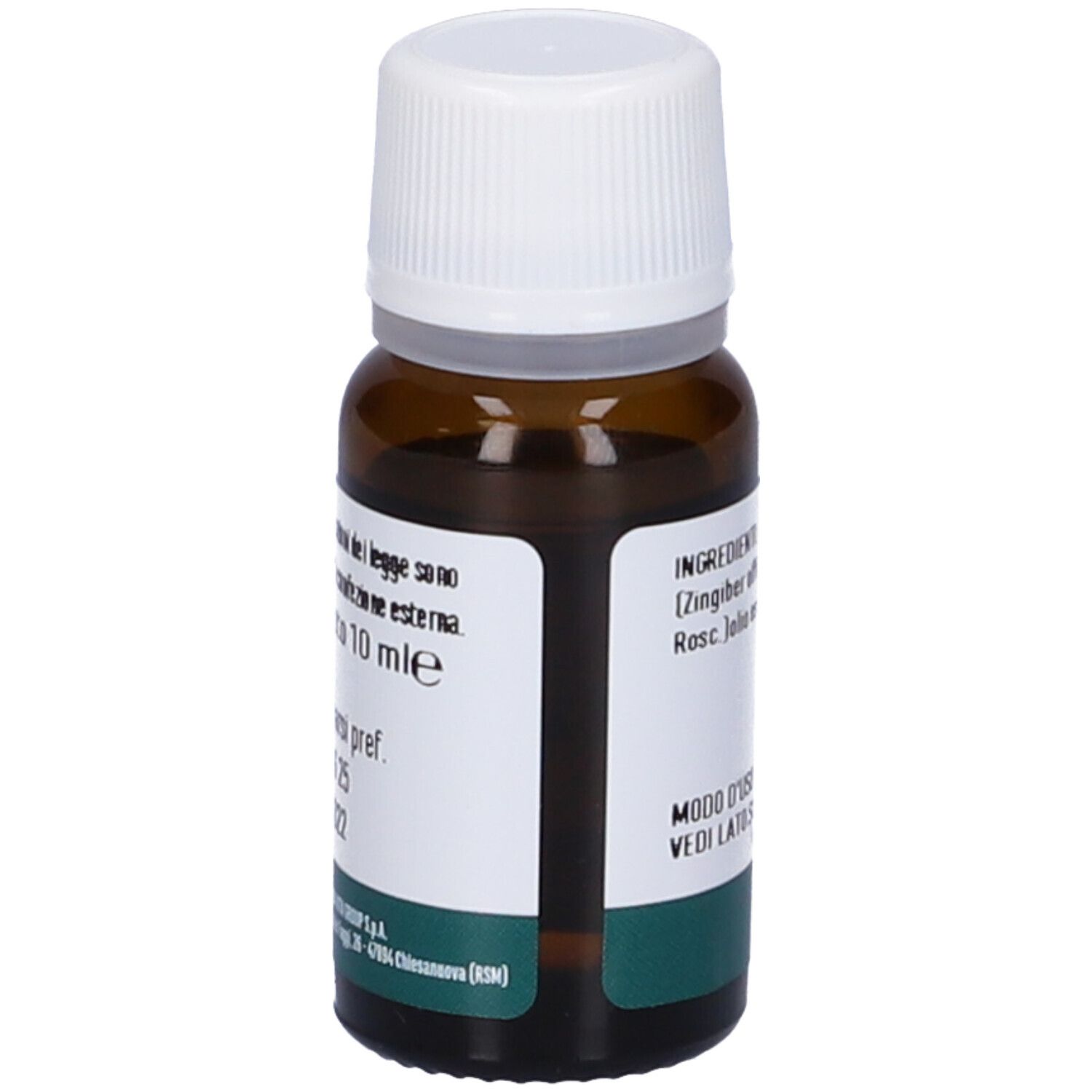 Flacone in vetro marrone con tappo bianco. Etichetta con testo: Zenzero, Olio Essenziale, 10 ml, logo Erba Vita.