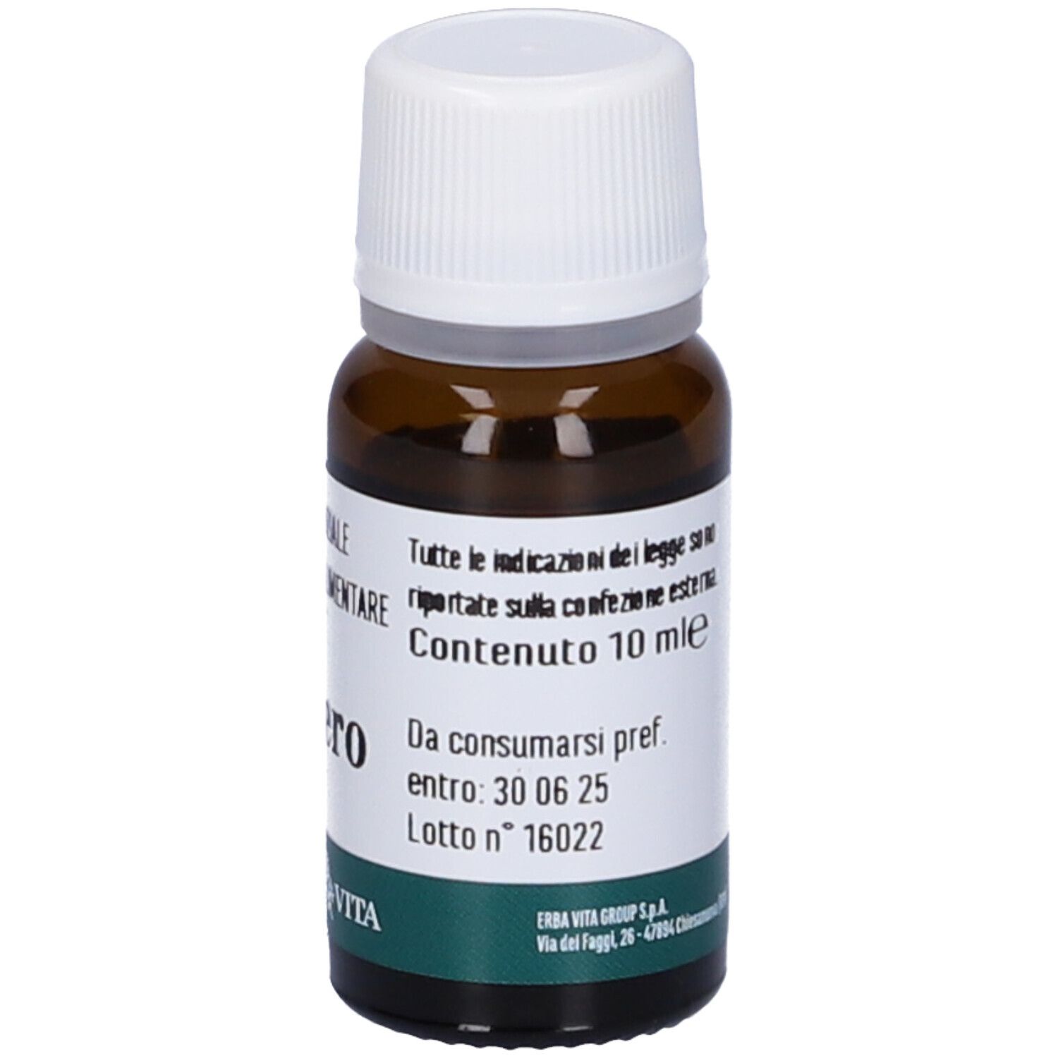 Flacone in vetro marrone con tappo bianco. Etichetta con testo: Zenzero, 10 ml, data di scadenza, numero di lotto, logo Erba Vita.