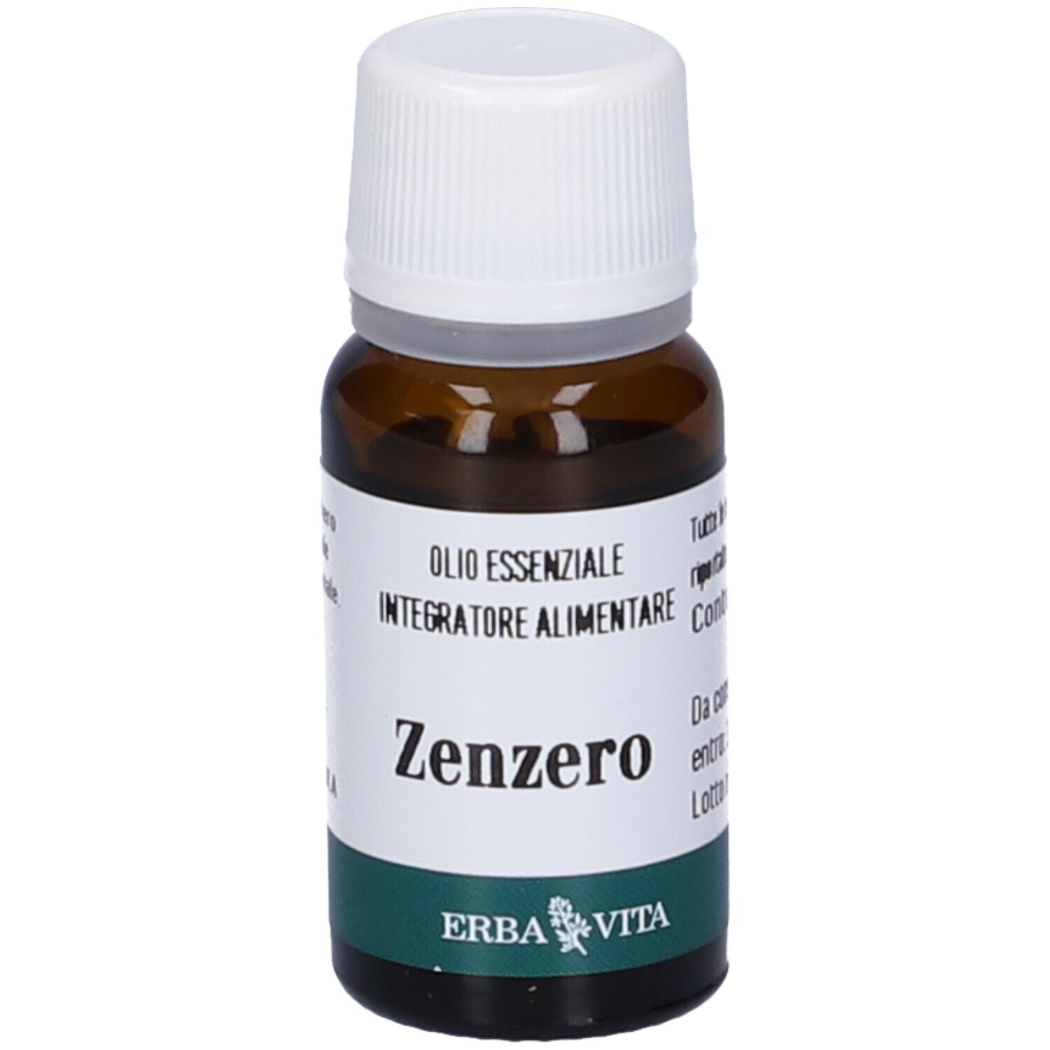 Flacone in vetro marrone con tappo bianco. Etichetta con testo: Zenzero, Olio Essenziale, 10 ml, logo Erba Vita.