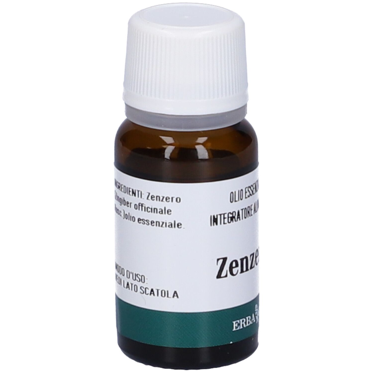 Flacone in vetro marrone con tappo bianco. Etichetta con testo: Zenzero, Olio Essenziale, ingredienti, logo Erba Vita.