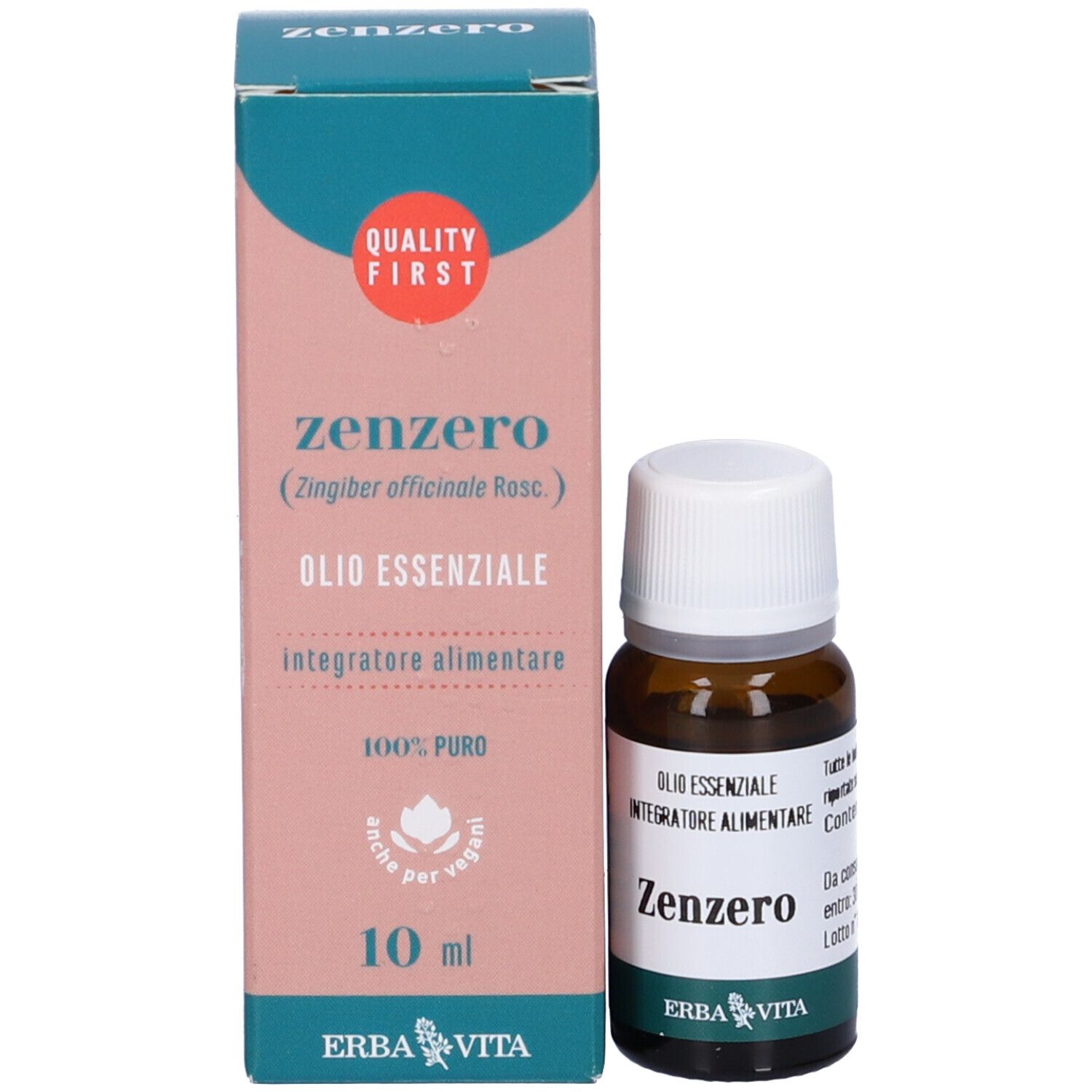 Confezione e flacone. Confezione rosa-bianco-turchese. Flacone con tappo bianco. Testo: Zenzero, 10 ml, Erba Vita.