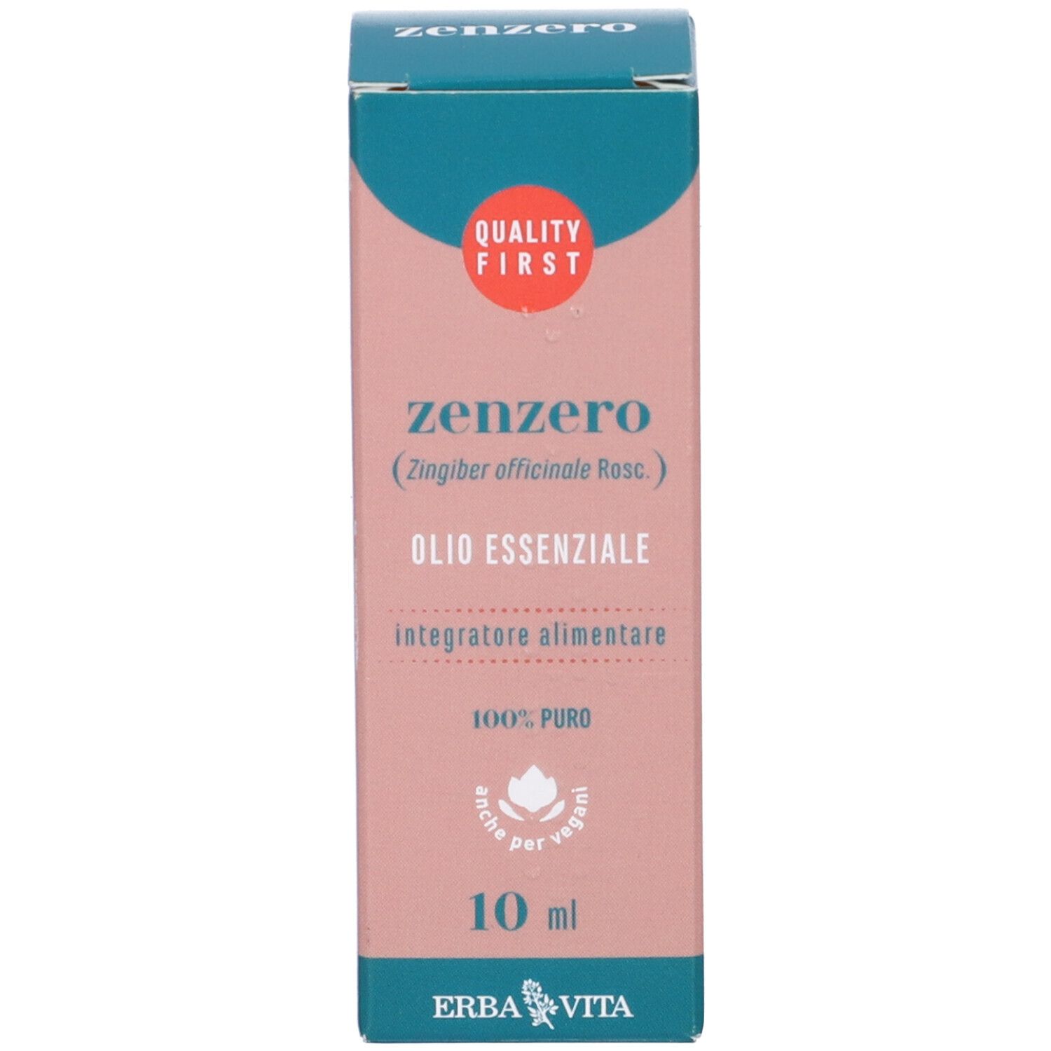 Confezione del prodotto. Confezione rosa-bianco-turchese. Testo: Zenzero, 10 ml, Erba Vita, marchio di qualità.