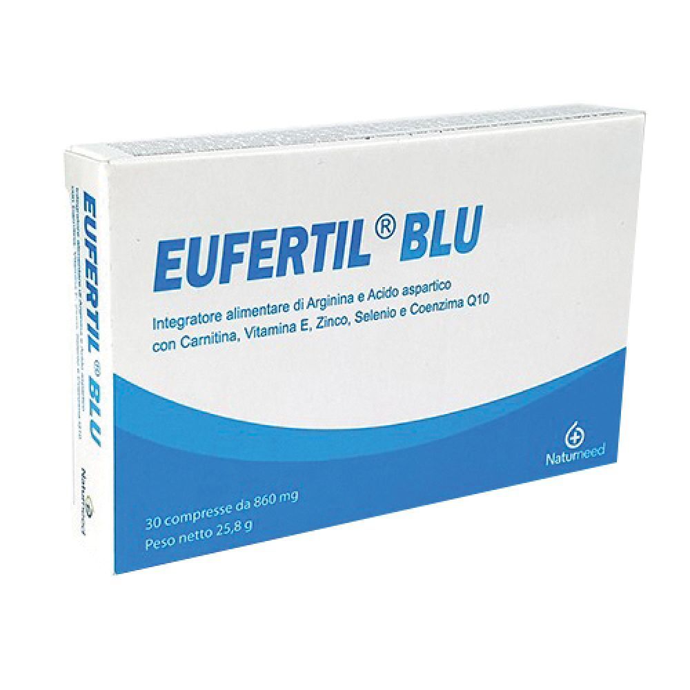 Scatola Eufertil Blu. Scritta: 30 compresse, 860 mg, 25,8 g. Logo Natumeed.