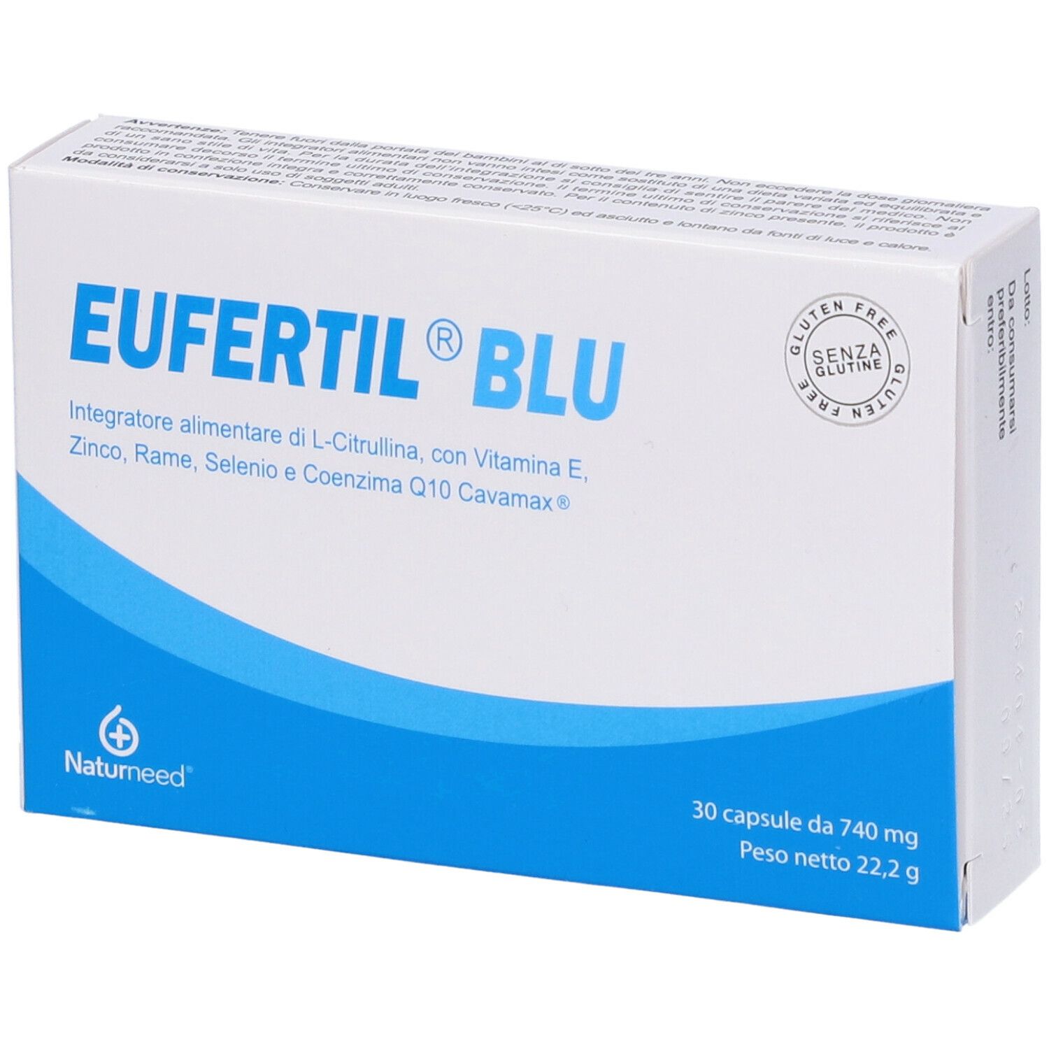 Scatola Eufertil Blu. Scritta: 30 capsule, 740 mg, 22,2 g. Sigillo senza glutine. Logo Natumeed.