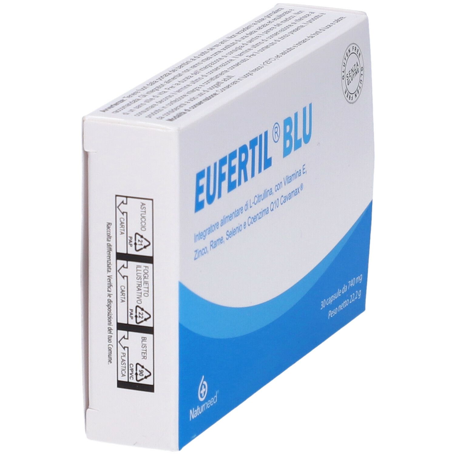 Scatola Eufertil Blu, angolata. Scritta: 30 capsule, 740 mg, 22,2 g. Sigillo senza glutine. Logo Natumeed.