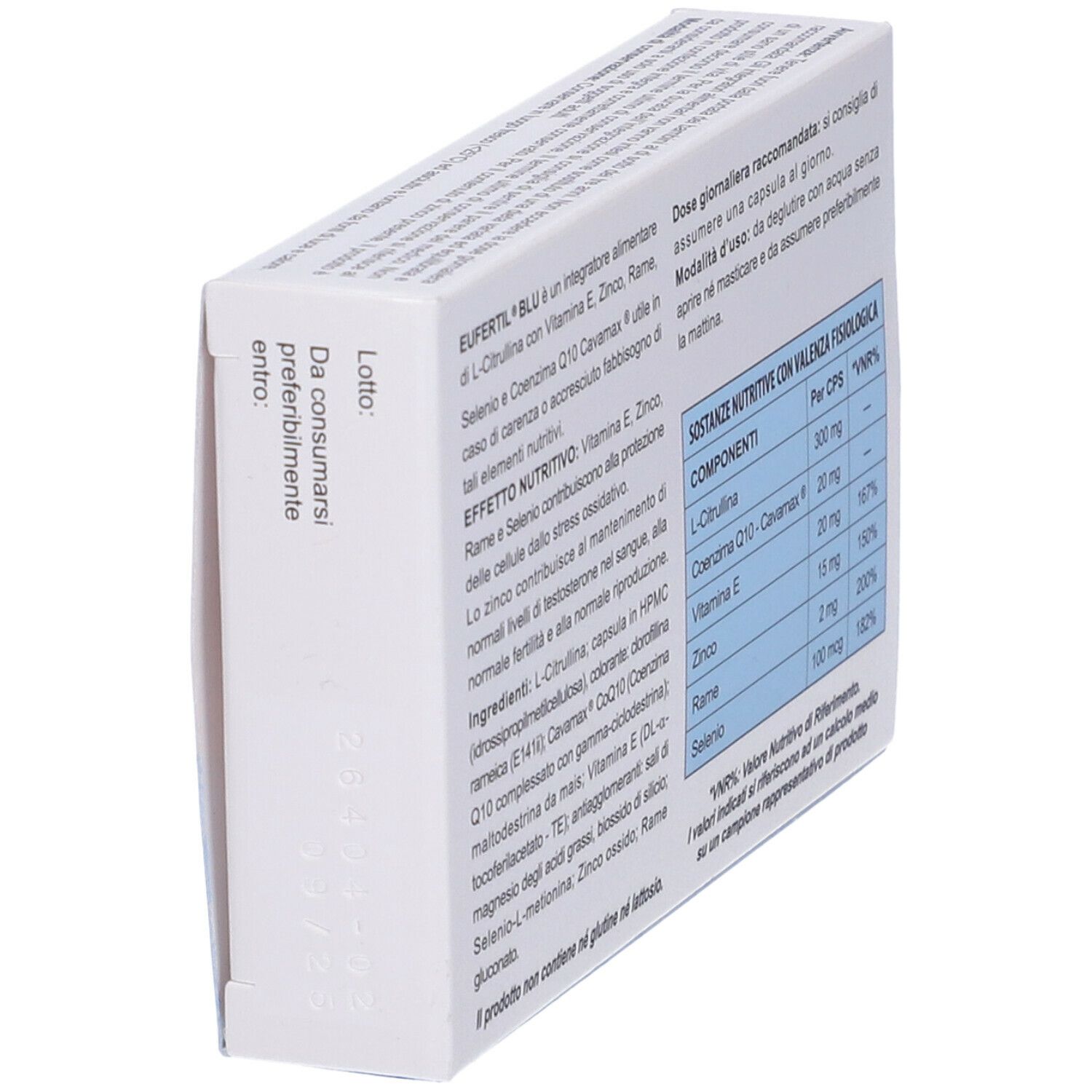 Vista angolata della scatola Eufertil Blu. Testo con ingredienti e informazioni nutrizionali.