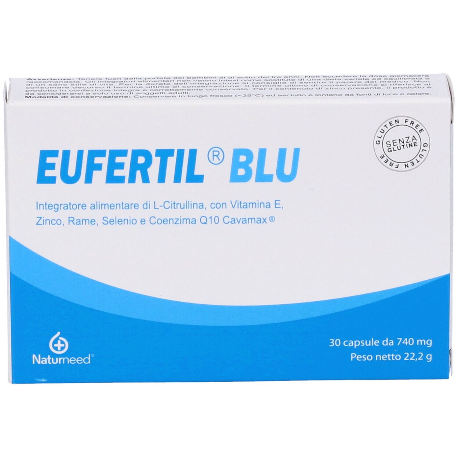 Scatola Eufertil Blu. Scritta: 30 capsule, 740 mg, 22,2 g. Sigillo senza glutine. Logo Natumeed.