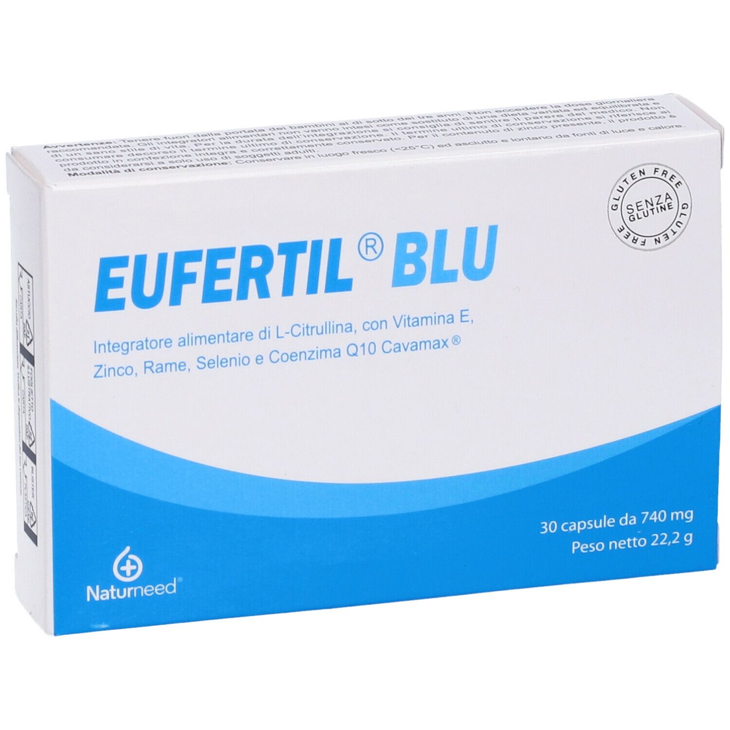 Scatola Eufertil Blu. Scritta: 30 capsule, 740 mg, 22,2 g. Sigillo senza glutine. Logo Natumeed.