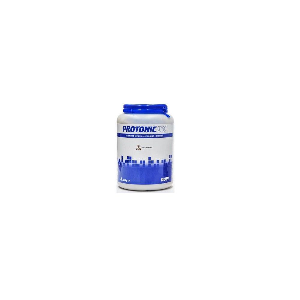 Contenitore bianco per integratori con coperchio ed etichetta blu. Scritta: Protonic 80. Marchio: Dupi.