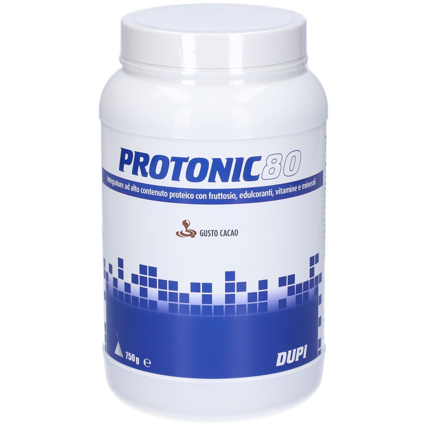 Contenitore bianco con etichetta blu. Scritta: Protonic 80, Gusto Cacao. Marchio: Dupi. Contenuto: 750g.
