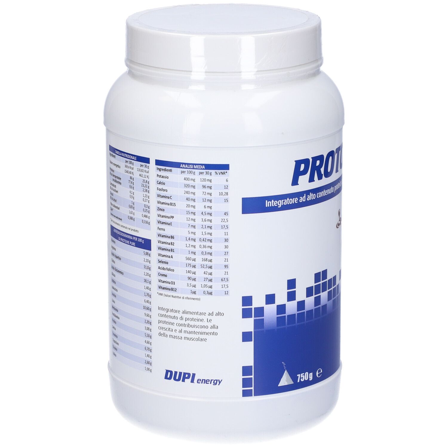 Contenitore bianco con etichetta blu. Scritta: Protonic 80. Informazioni nutrizionali. Marchio: Dupi. Contenuto: 750g.