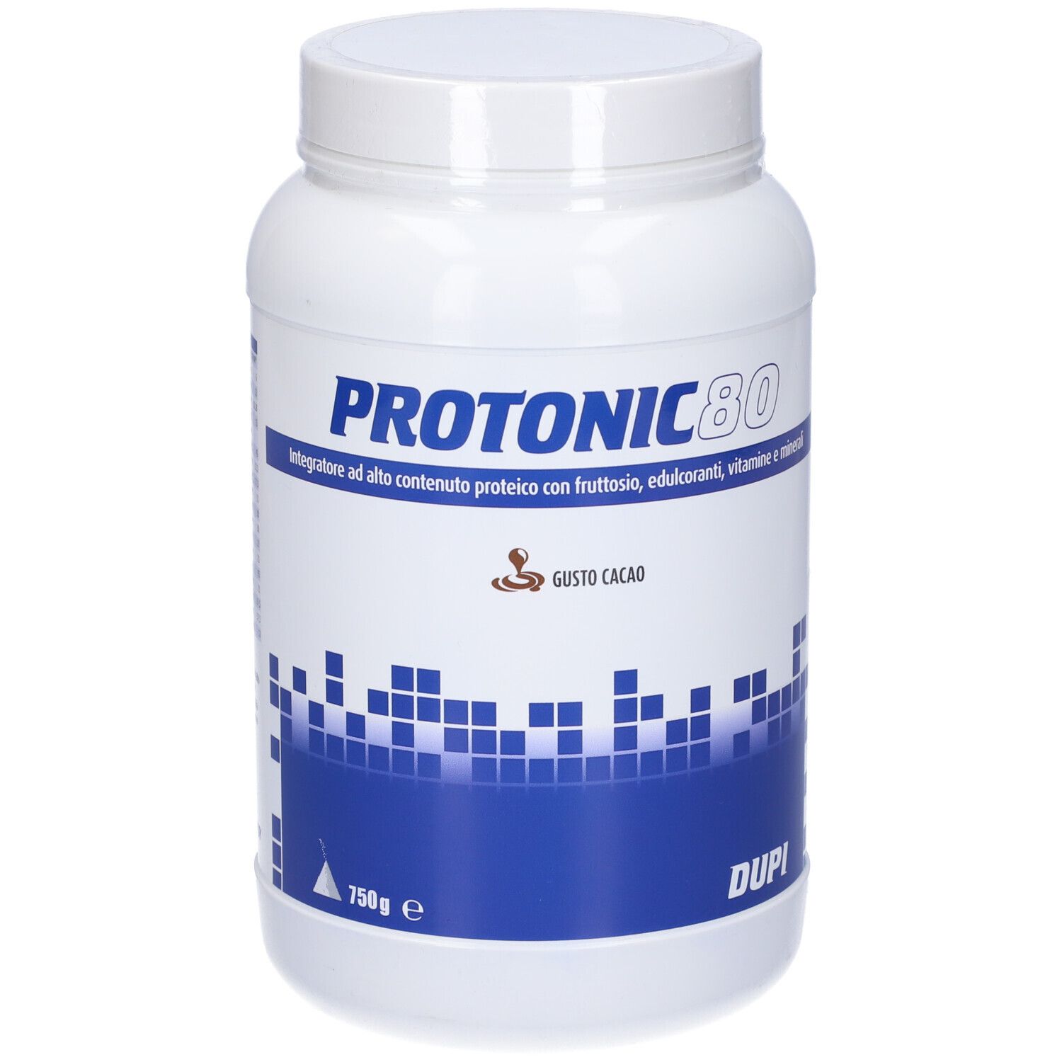 Contenitore bianco con etichetta blu. Scritta: Protonic 80, Gusto Cacao. Marchio: Dupi. Contenuto: 750g.