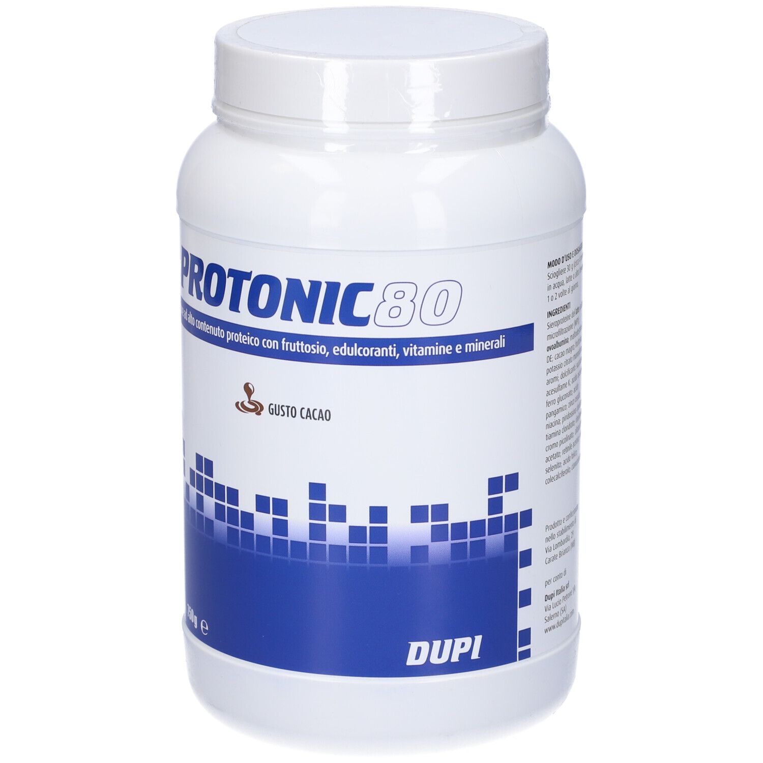 Contenitore bianco con etichetta blu. Scritta: Protonic 80, Gusto Cacao. Marchio: Dupi. Contenuto: 750g.