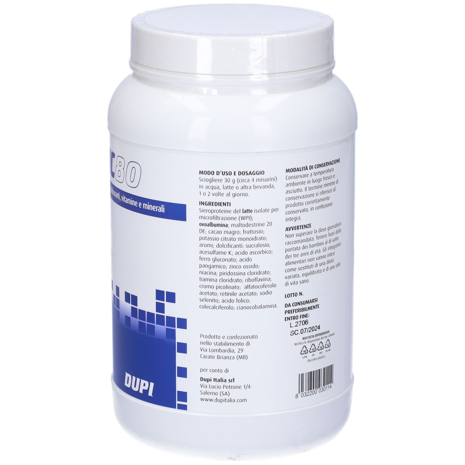 Contenitore bianco con etichetta blu. Scritta: Protonic 80. Ingredienti e dosaggio. Marchio: Dupi.