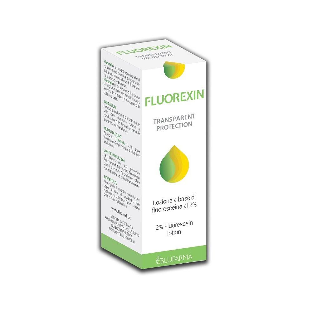 Scatola bianca con logo verde e giallo. Testo: Fluorexin, Transparent Protection. Scritto: Lozione al 2% di fluoresceina.