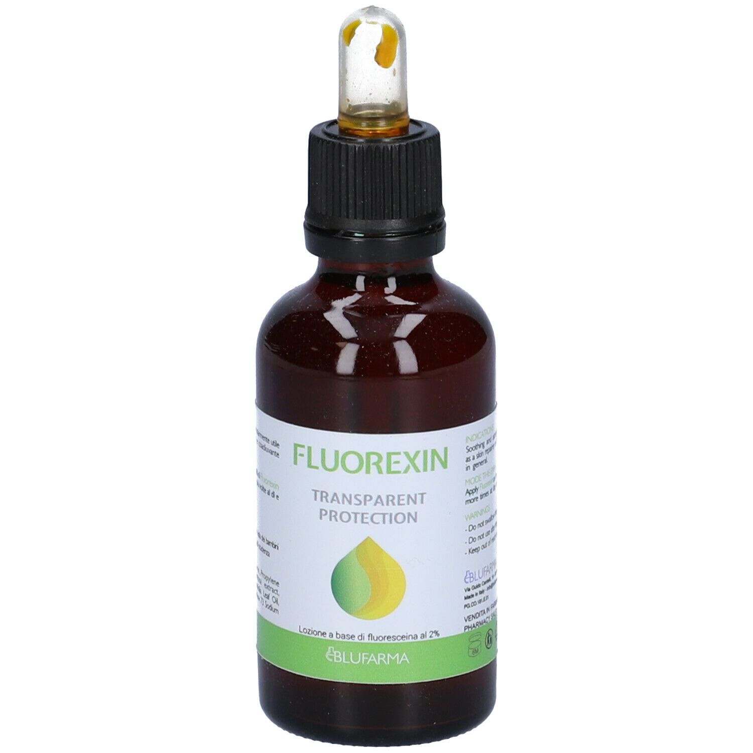 Flacone di vetro marrone con tappo nero e pipetta. Scritto: Fluorexin, Transparent Protection. Etichetta con testo.