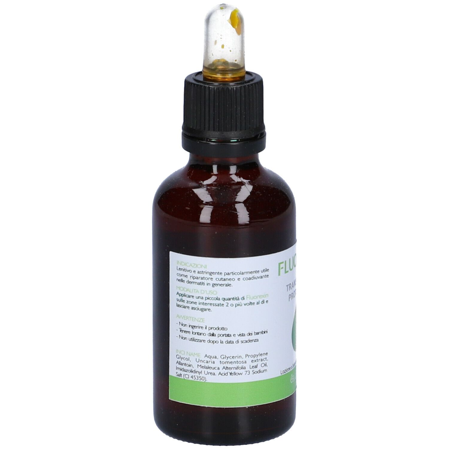 Flacone di vetro marrone con tappo nero e pipetta. Etichetta con testo. Scritto: Fluorexin, Transparent Protection.