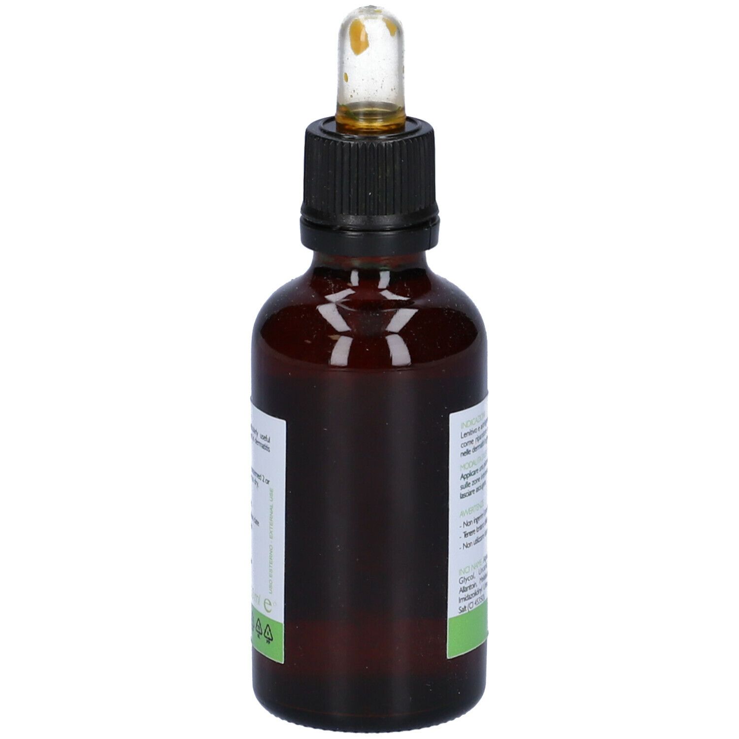 Flacone di vetro marrone con tappo nero e pipetta. Etichetta con testo. Scritto: Fluorexin, Transparent Protection.