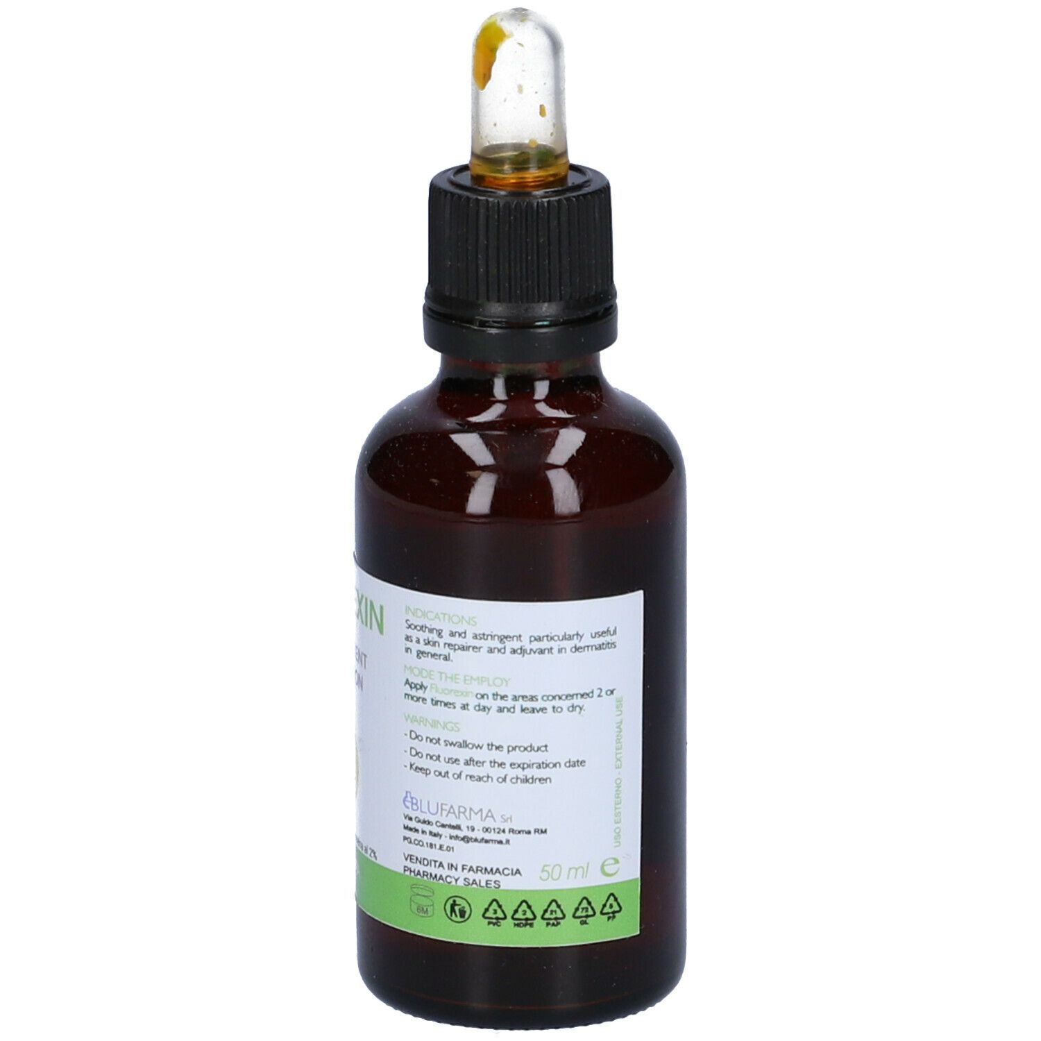 Flacone di vetro marrone con tappo nero e pipetta. Etichetta con testo. Scritto: Fluorexin, Transparent Protection. 50 ml.