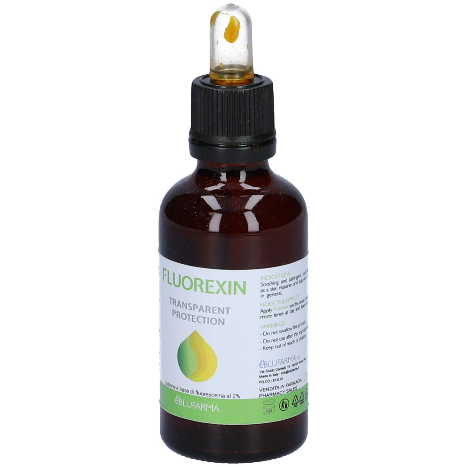 Flacone di vetro marrone con tappo nero e pipetta. Scritto: Fluorexin, Transparent Protection. Etichetta con testo.