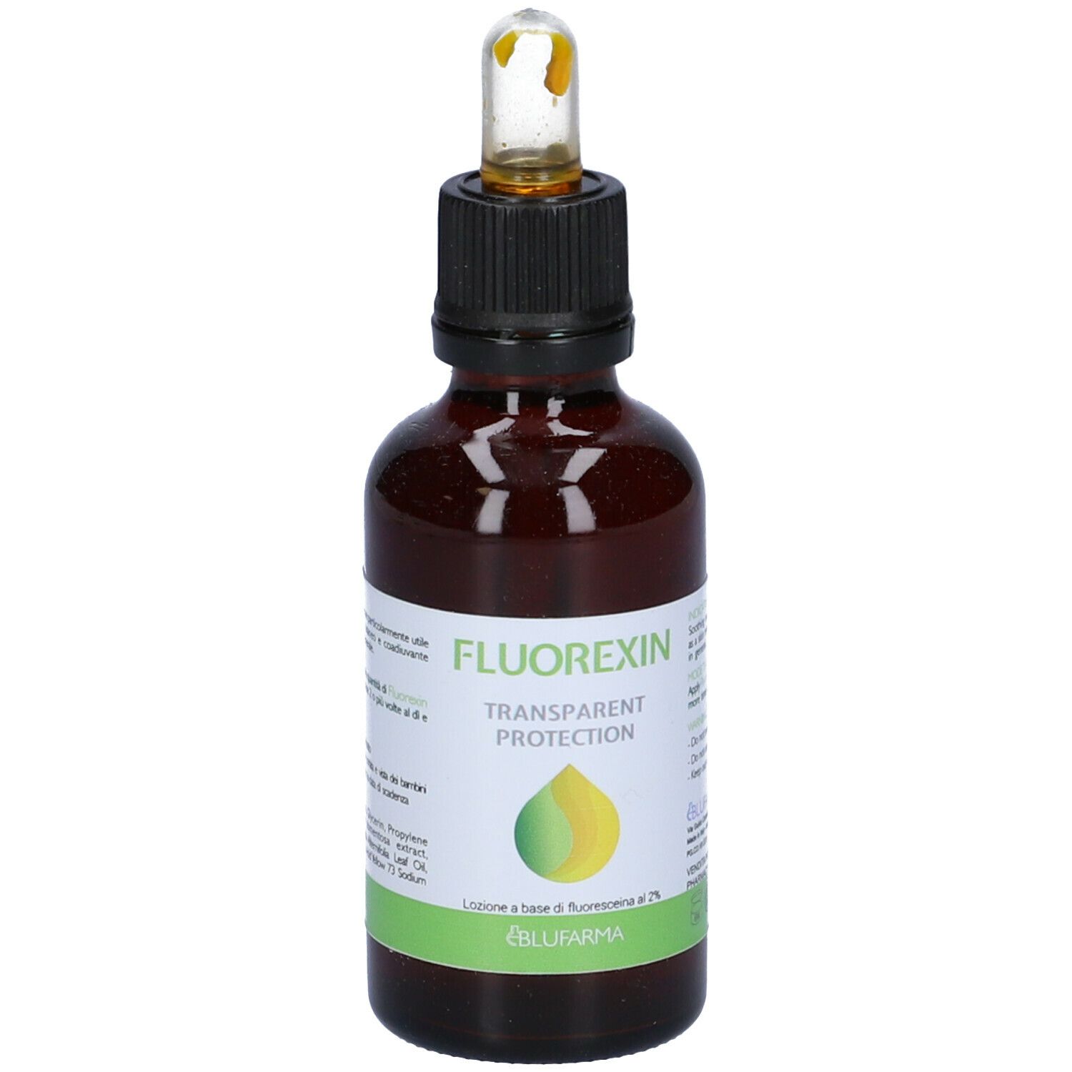Flacone di vetro marrone con tappo nero e pipetta. Scritto: Fluorexin, Transparent Protection. Etichetta con testo.