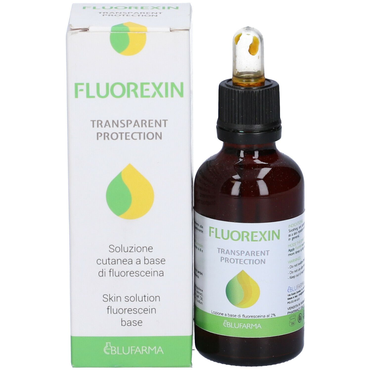 Flacone di vetro marrone con pipetta e scatola. Scritto: Fluorexin, Transparent Protection. Scatola con testo e logo.