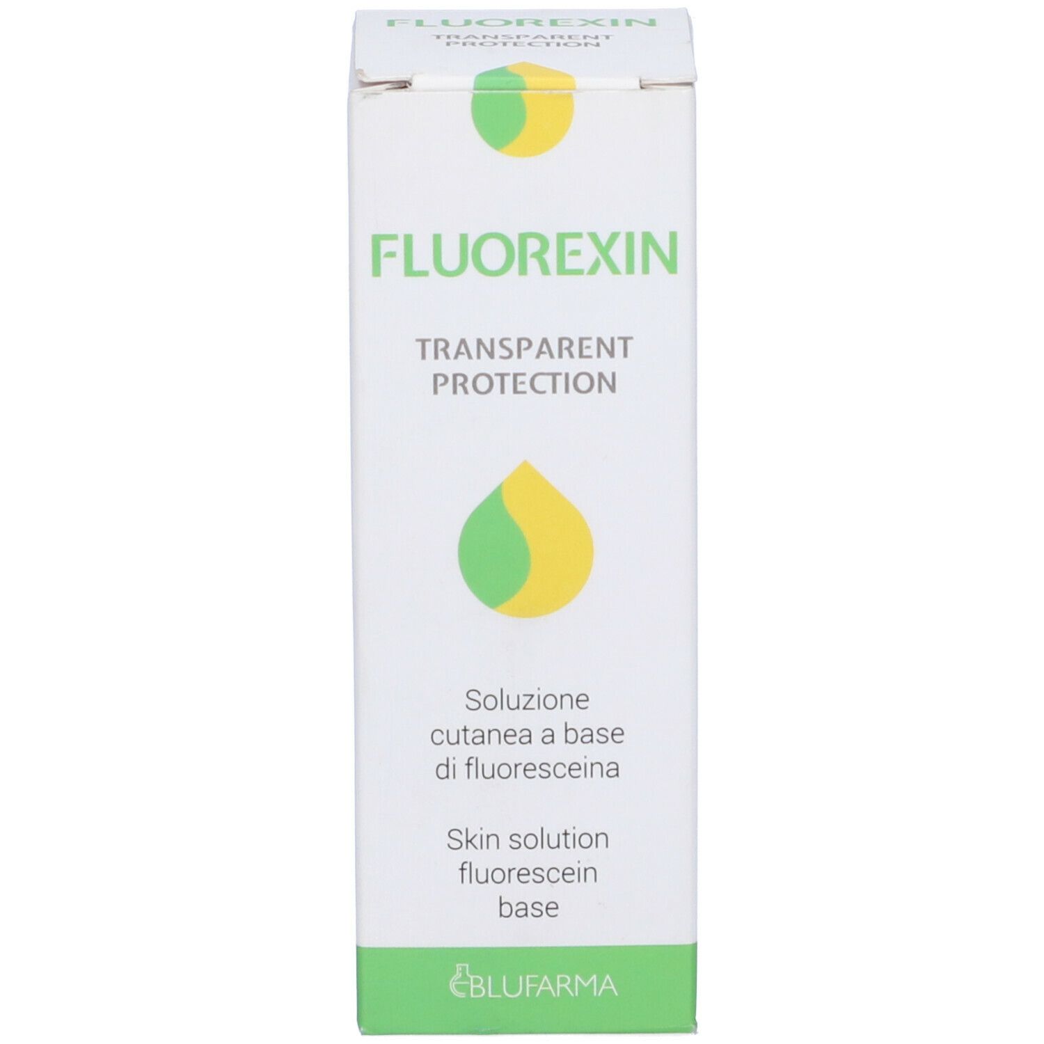 Scatola bianca con logo verde e giallo. Testo: Fluorexin, Transparent Protection. Scritto: Skin solution fluorescein base.