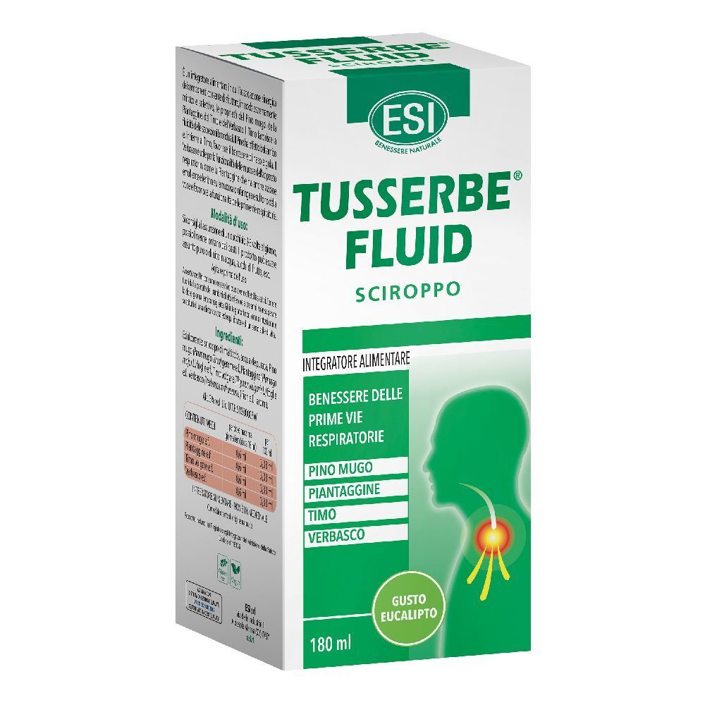 Confezione di Esi Tusserbe Fluid Sciroppo. Scatola bianca con dettagli verdi. Nome del prodotto e logo ben visibili.