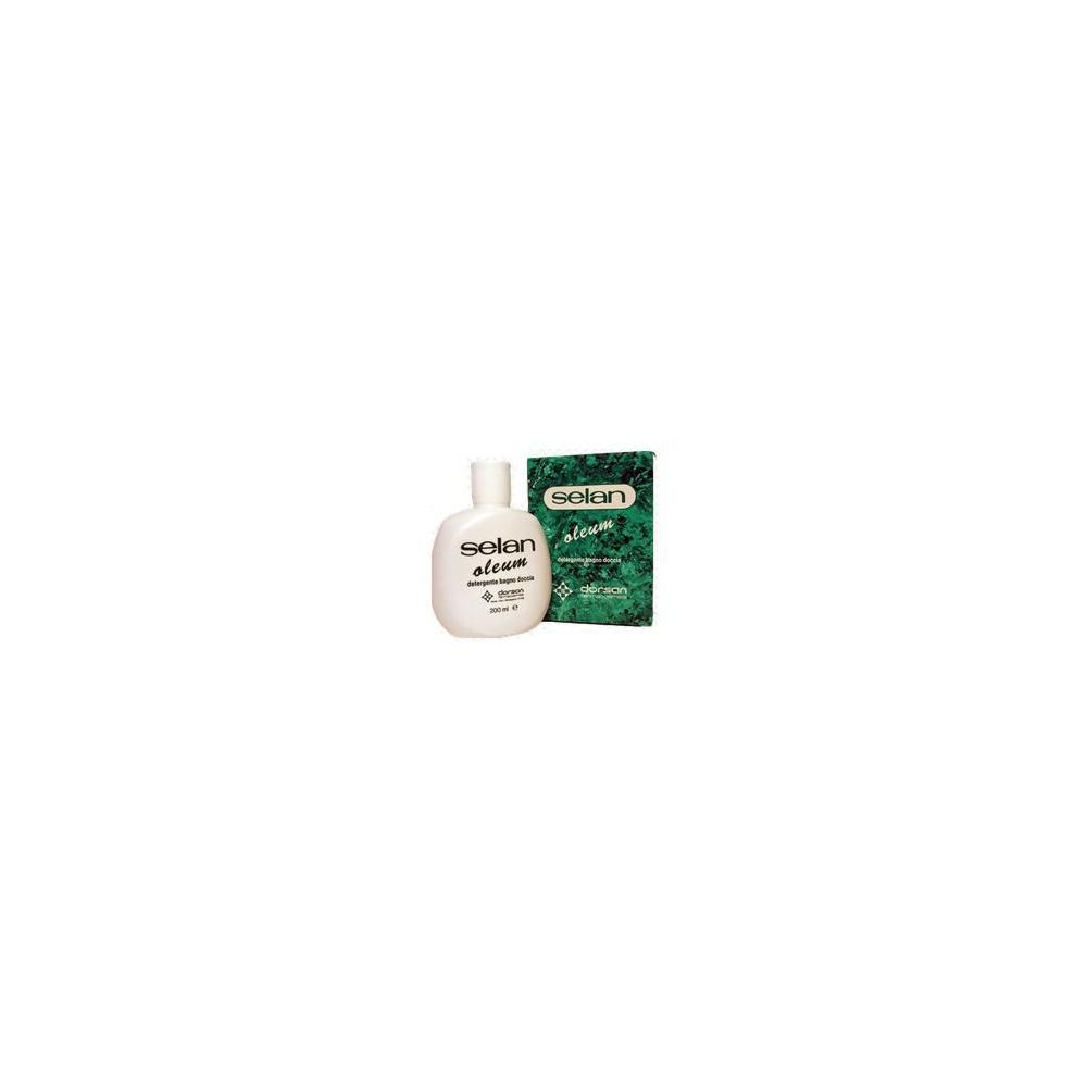 Flacone bianco e scatola verde. Sul flacone c'è scritto Selan Oleum. Sulla scatola c'è scritto Selan.