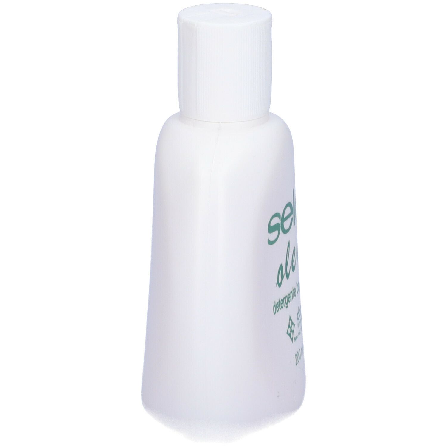 Flacone bianco con stampa verde. Scritta: Selan Oleum, detergente bagno doccia, 200 ml.