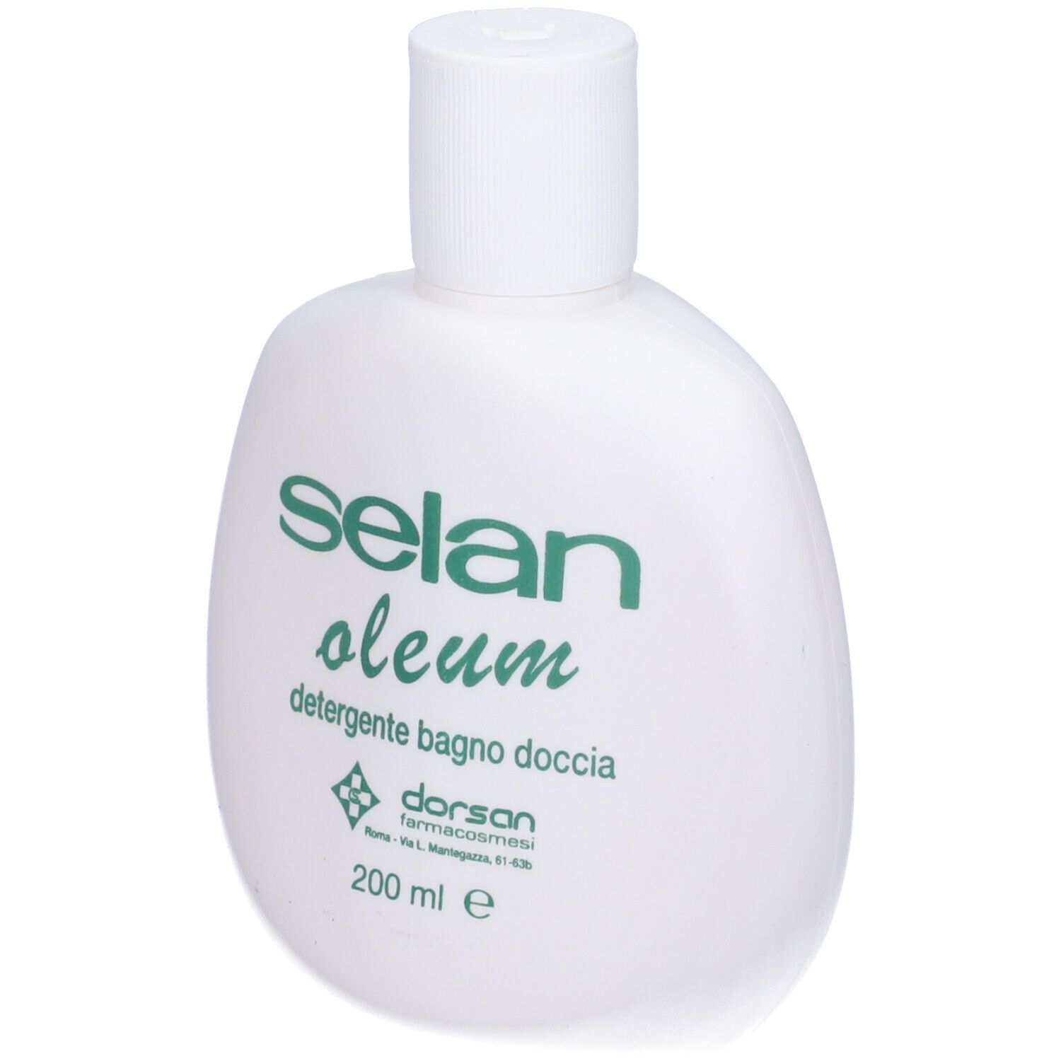 Flacone bianco. Scritta: Selan Oleum, detergente bagno doccia, 200 ml.