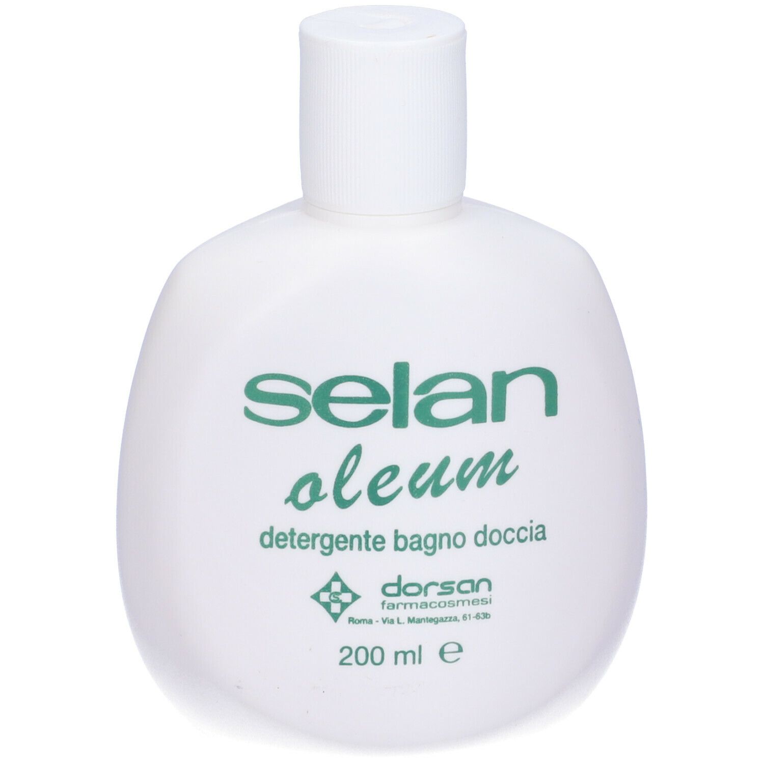 Flacone bianco. Scritta: Selan Oleum, detergente bagno doccia, 200 ml.