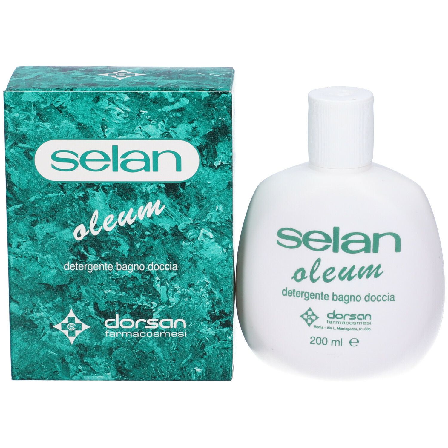 Flacone bianco e scatola verde. Sul flacone c'è scritto Selan Oleum. Sulla scatola c'è scritto Selan.